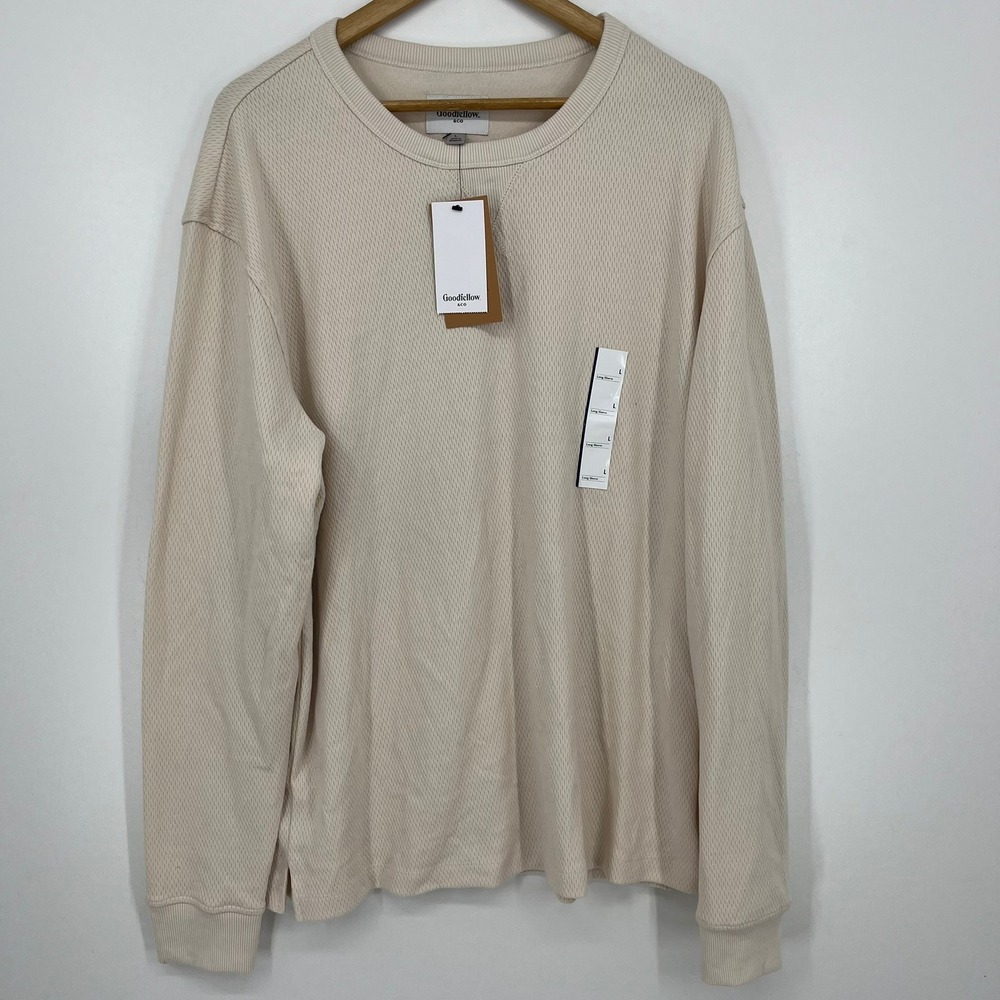 Goodfellow &‎ Co Mens L Off White Waffle Knit Thermal Long Sleeve Shirt New NWT